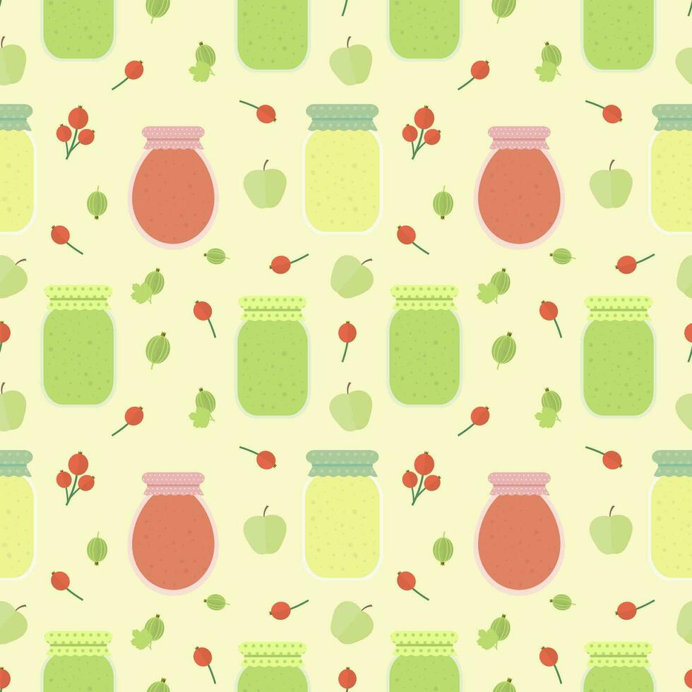 Seamless pattern with fruits and jars of jam vector