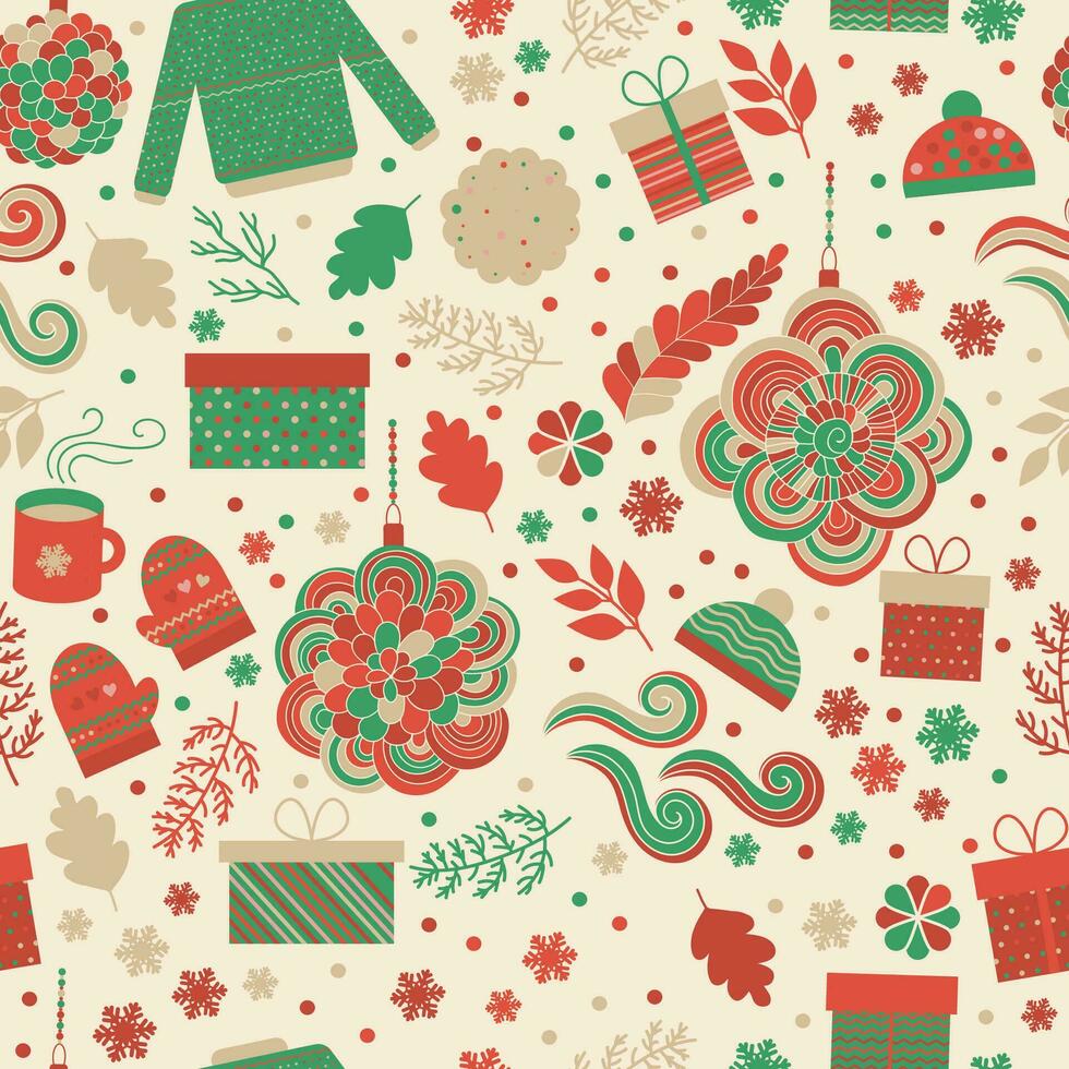 Seamless pattern for Christmas with red and green gifts, decor, cozy clothes and snowflakes vector