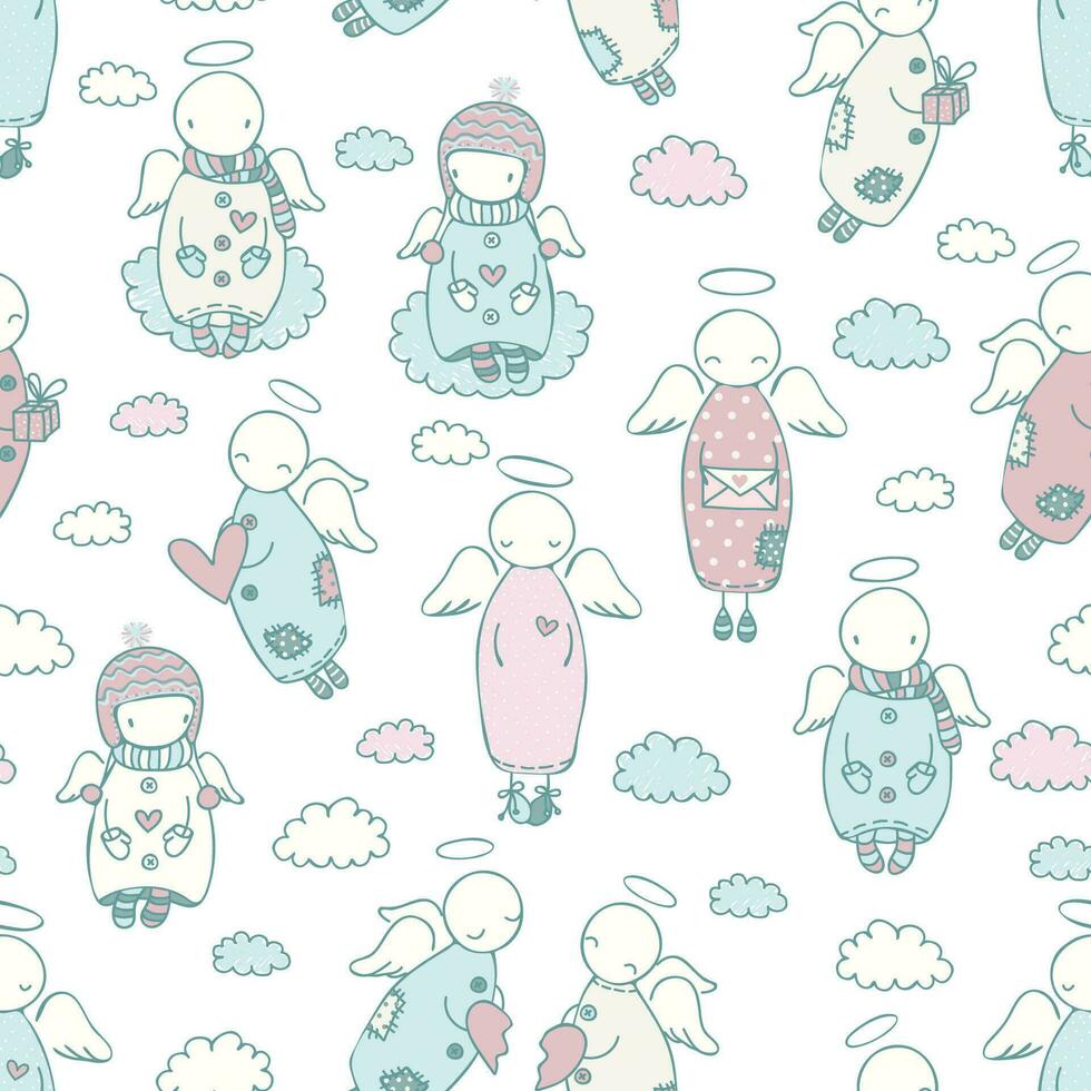 Seamless pattern with angels in the sky with clouds and hearts, cartoon illustration vector
