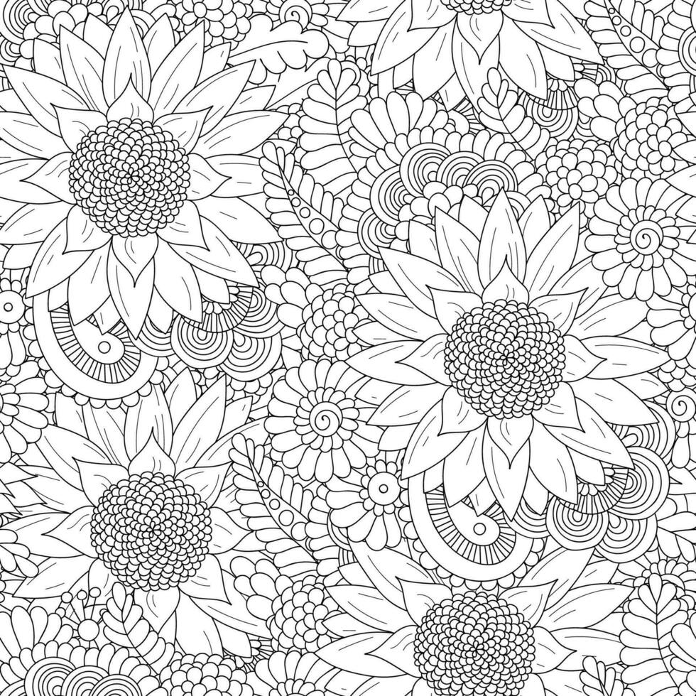 Doodle seamless pattern with black and white sunflowers vector