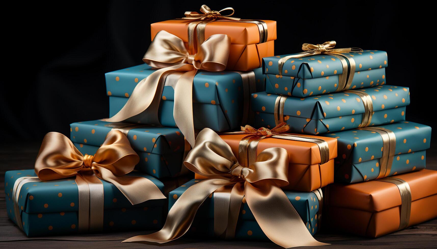 A festive heap of wrapped gifts in shiny gold colors generated by AI photo