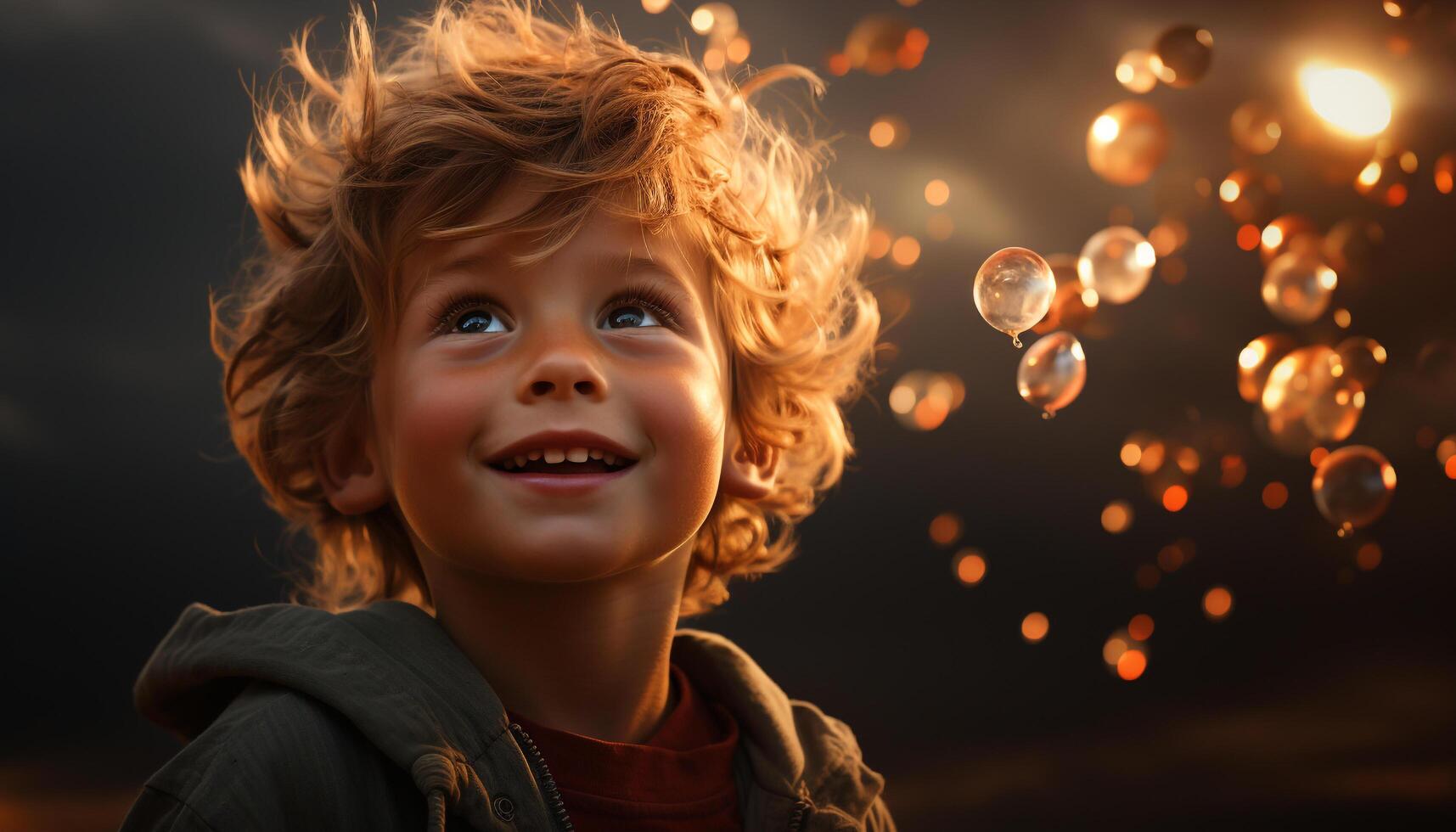 Smiling child playing, carefree and cheerful, enjoying nature beauty generated by AI photo
