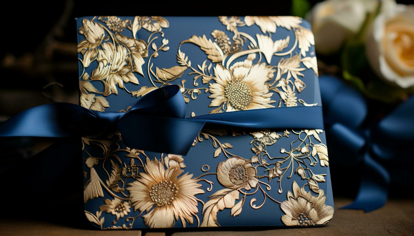 elegante oro hoja modelo adorna regalo caja para Boda celebracion generado por ai foto