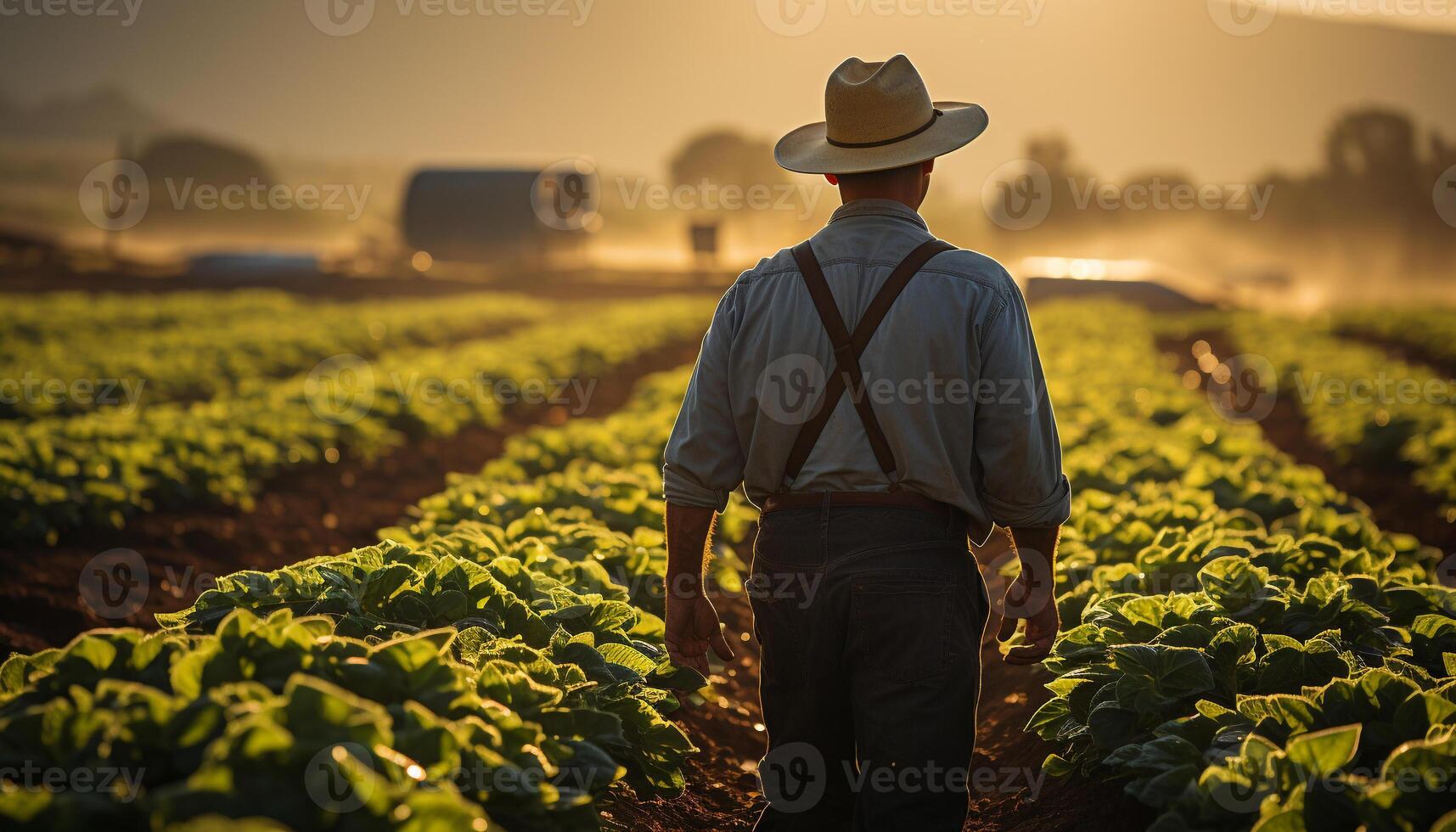 un maduro granjero trabajando en el campo a amanecer, cosecha cultivos generado por ai foto