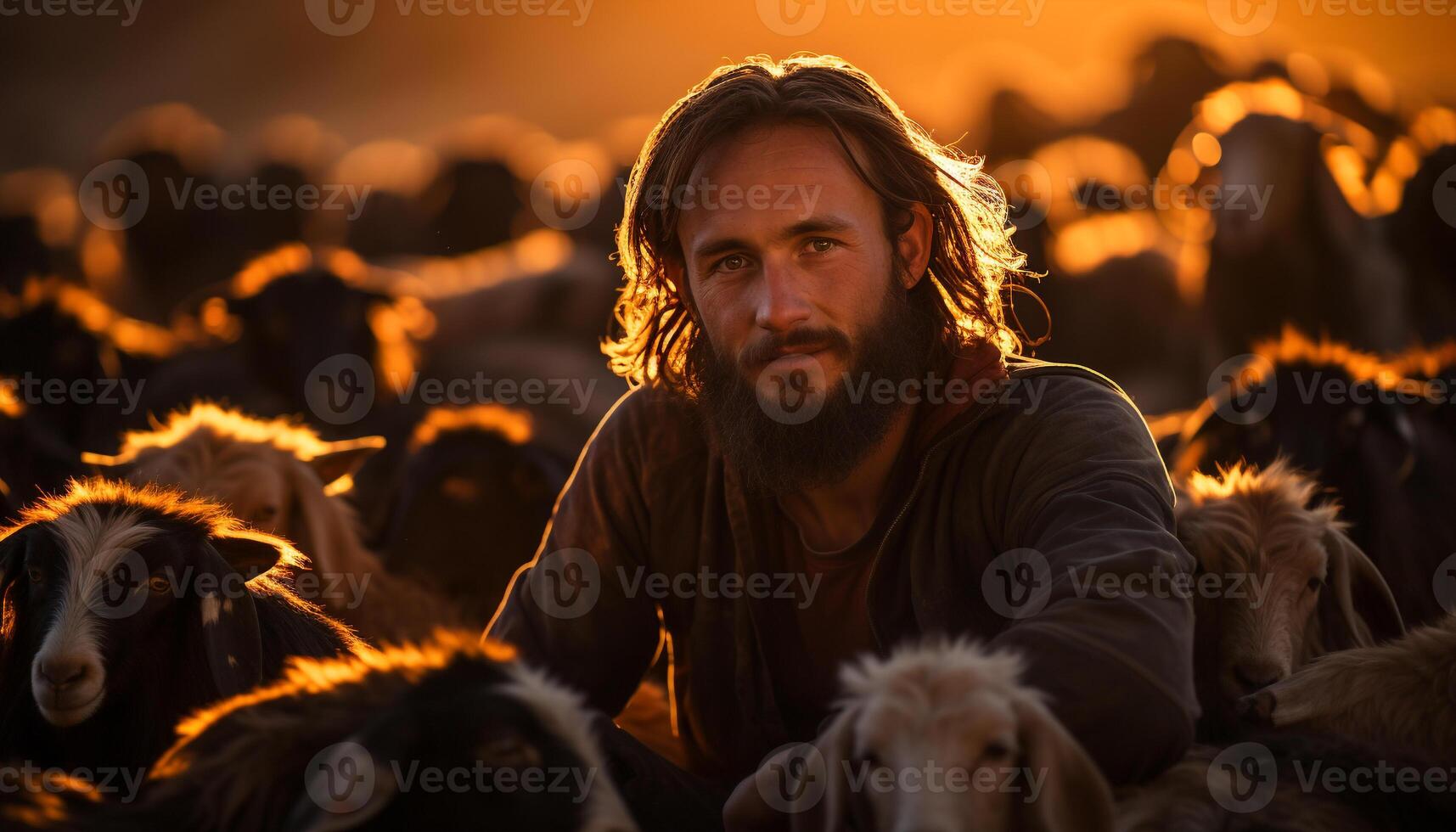 A smiling farmer and his dog bond with livestock at sunset generated by AI photo