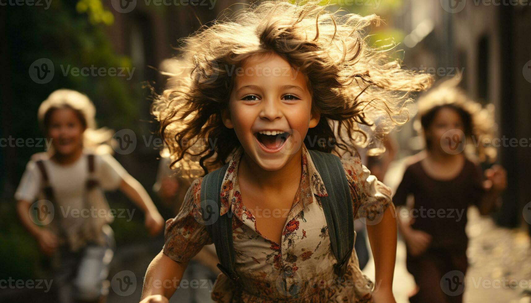 Smiling child, cheerful girls, fun summer, enjoyment, carefree childhood, nature generated by AI photo