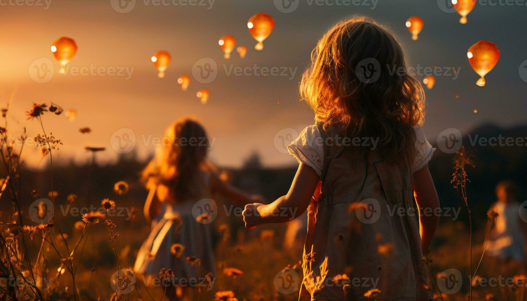 sonriente muchachas en broma sostener globos, disfrutando despreocupado verano prado generado por ai foto