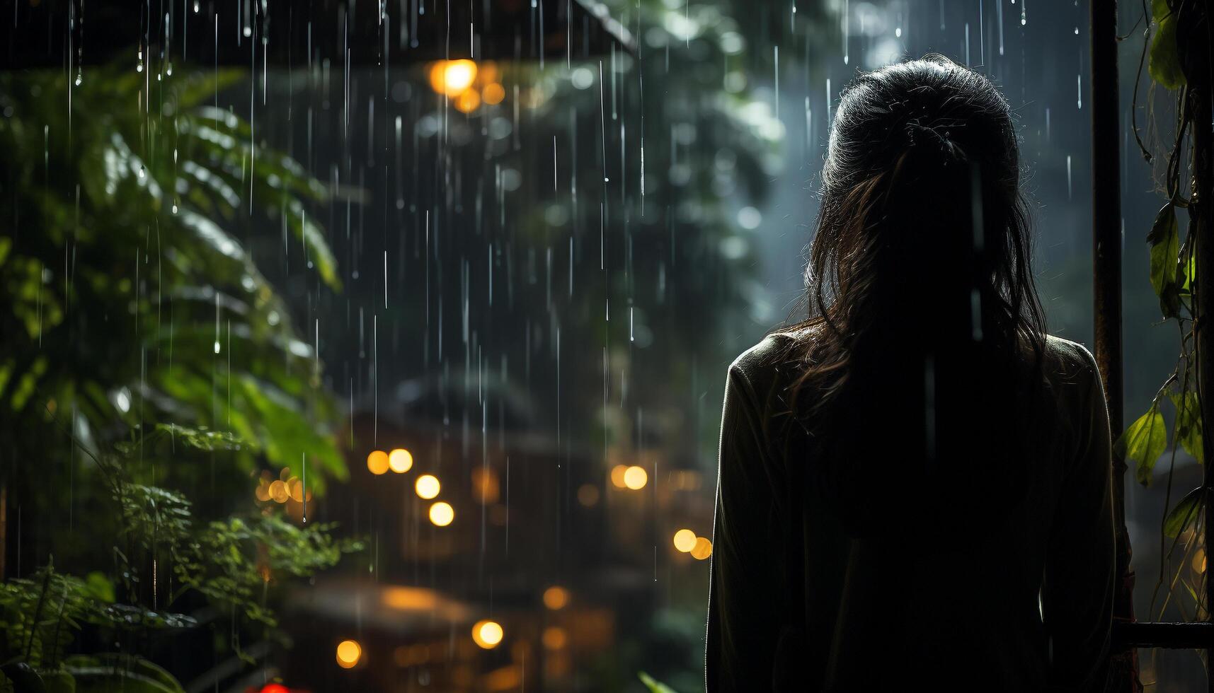 A lonely woman walks in the rain, finding solace in nature generated by AI photo