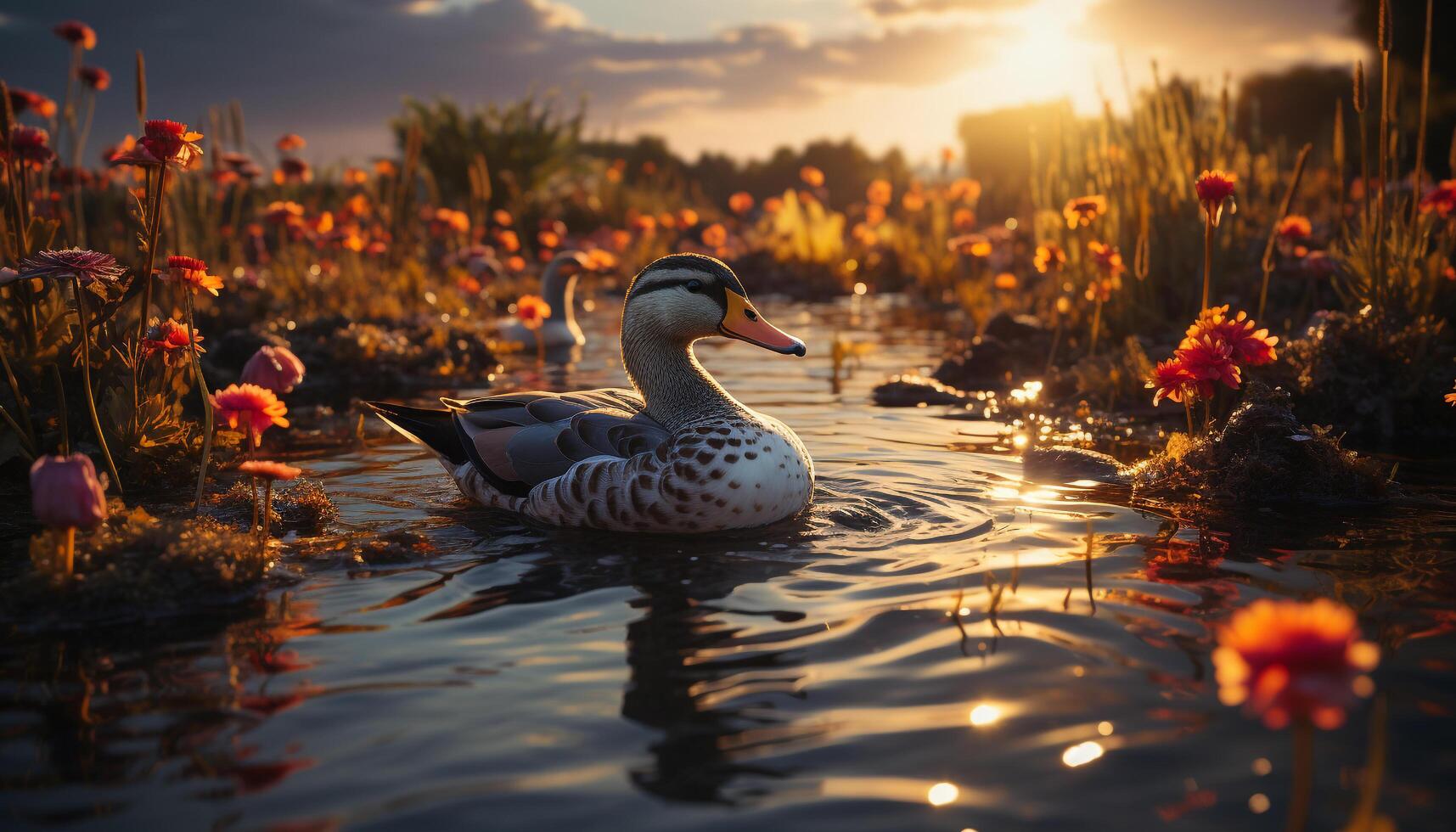 Tranquil scene  Mallard duck reflects beauty in nature sunset generated by AI photo