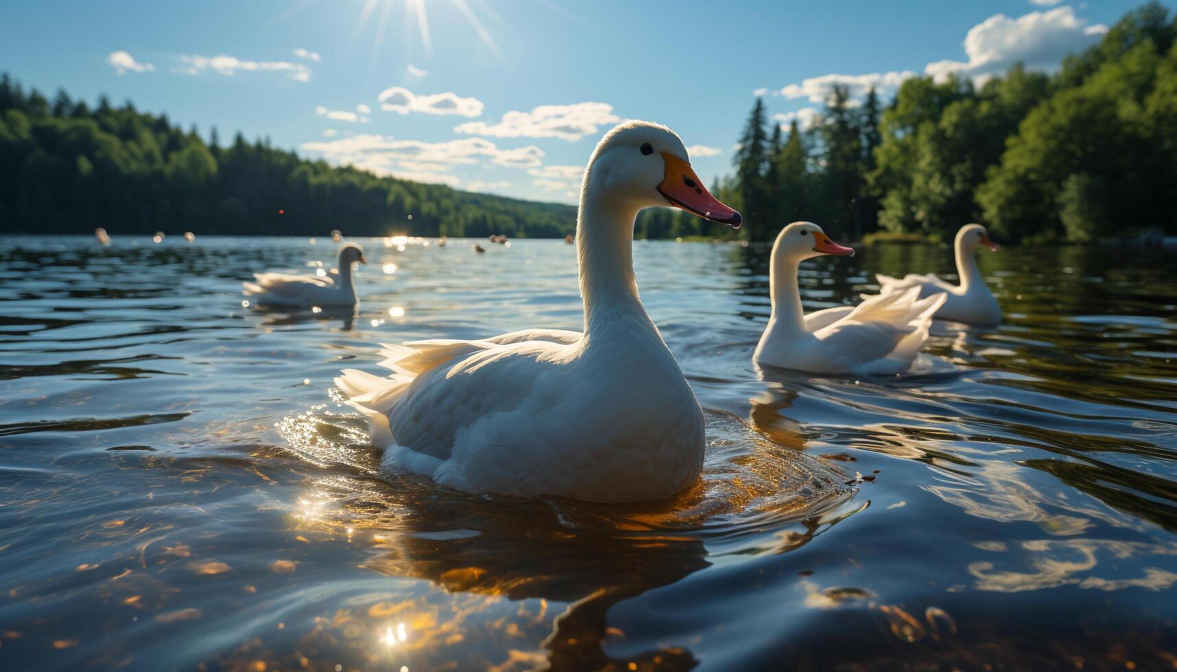 Swans gracefully swim, reflecting the beauty of nature tranquil scene generated by AI photo
