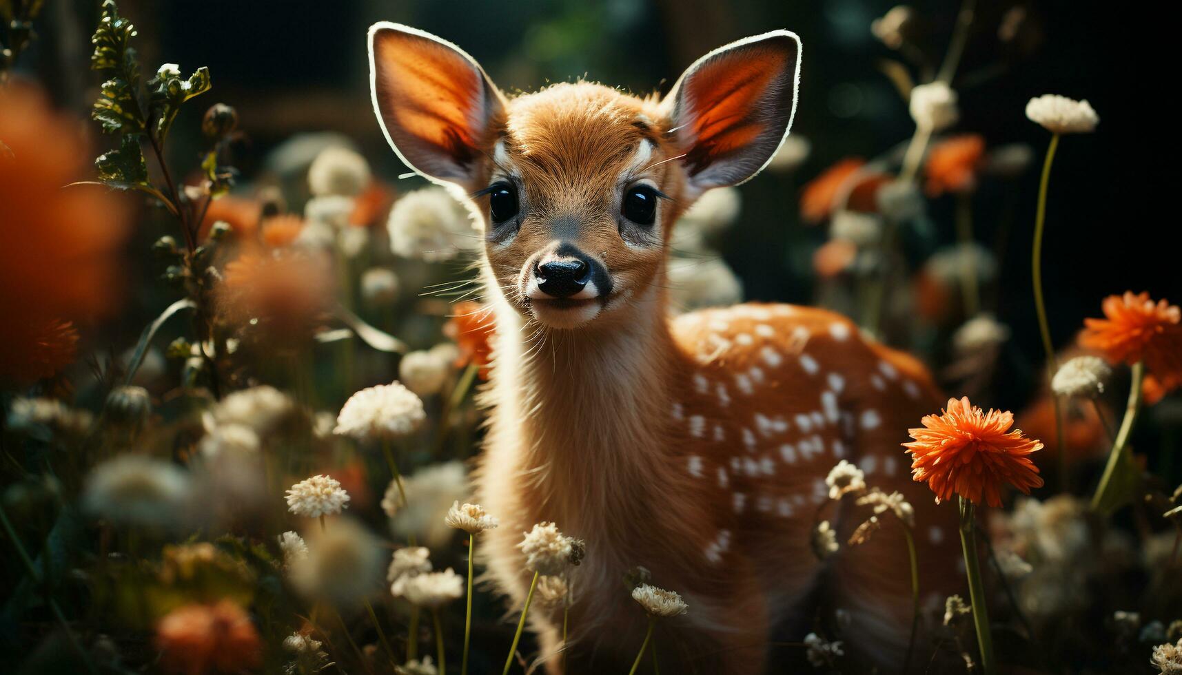 Cute mammal sitting in grass, looking at camera, surrounded by flowers generated by AI photo