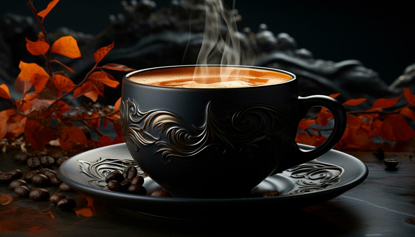 Aromatic coffee cup on wooden table, steam rising, frothy elegance generated by AI photo