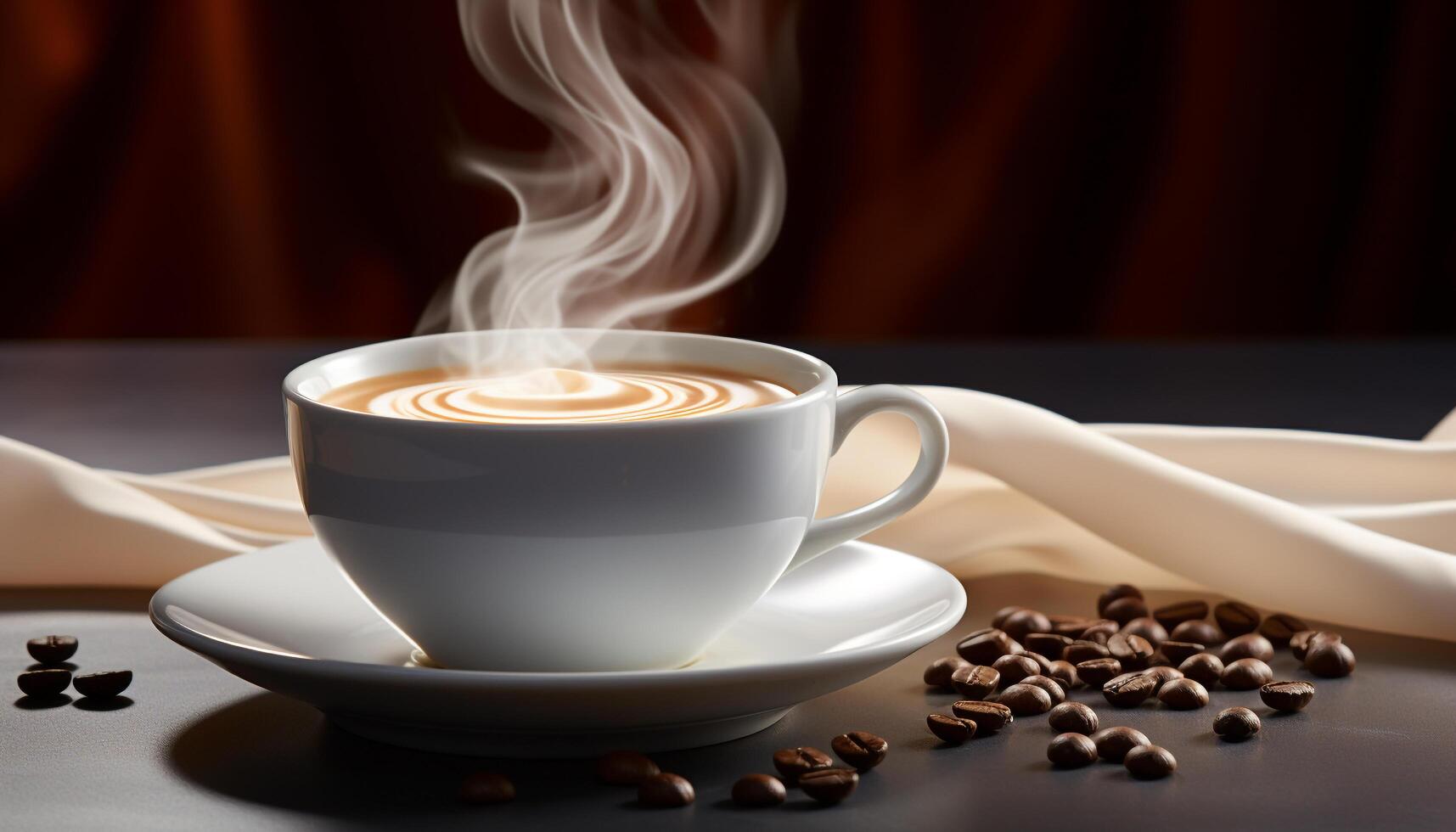 Coffee cup on table, steam rises from hot frothy drink generated by AI photo