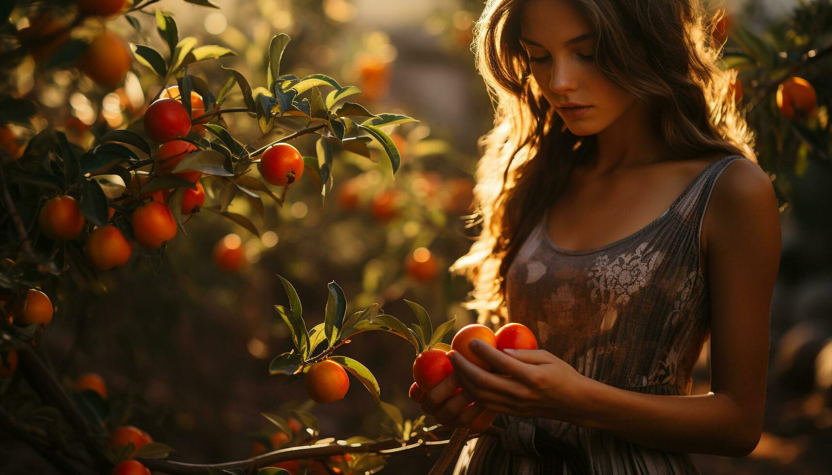Smiling young woman enjoys fresh organic tomato in nature beauty generated by AI photo