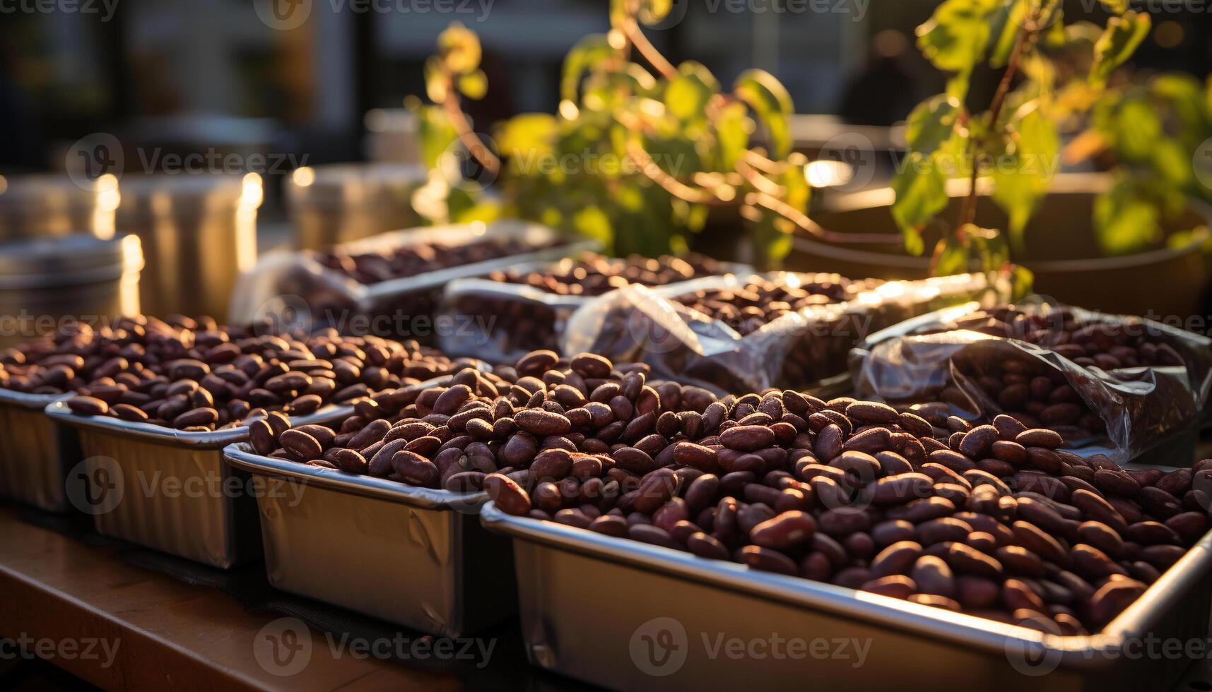 Aromatic coffee beans on a dark table in a coffee shop generated by AI photo