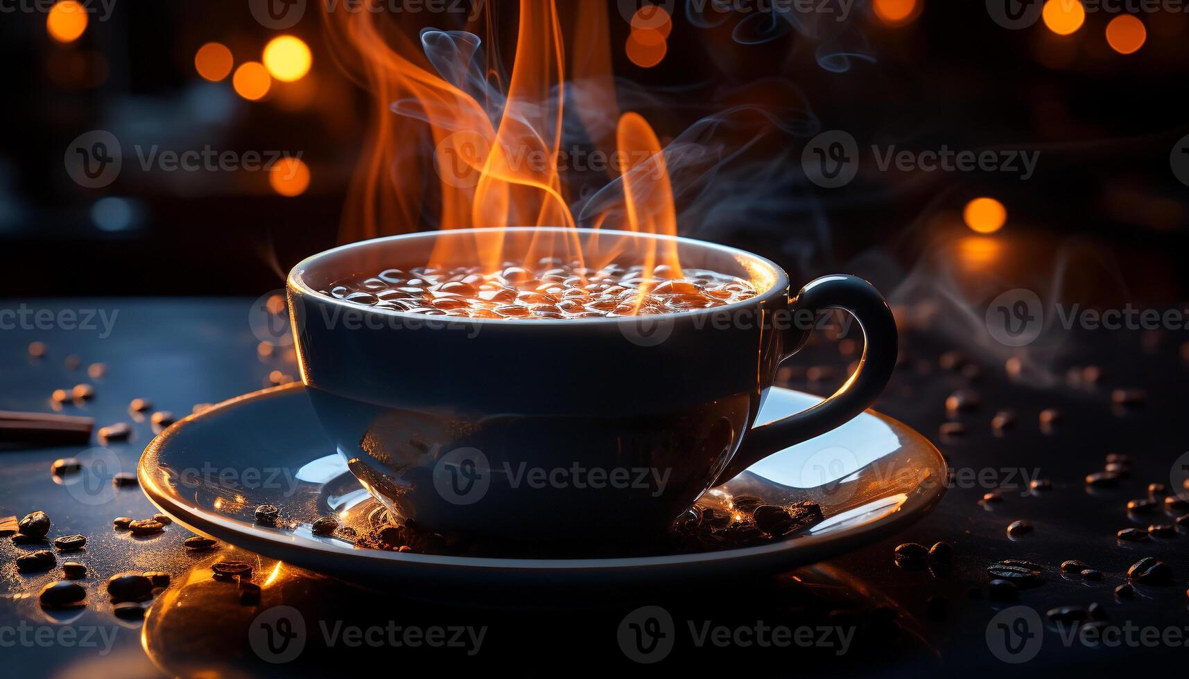 A hot cup of coffee on a dark table, steam rising generated by AI photo