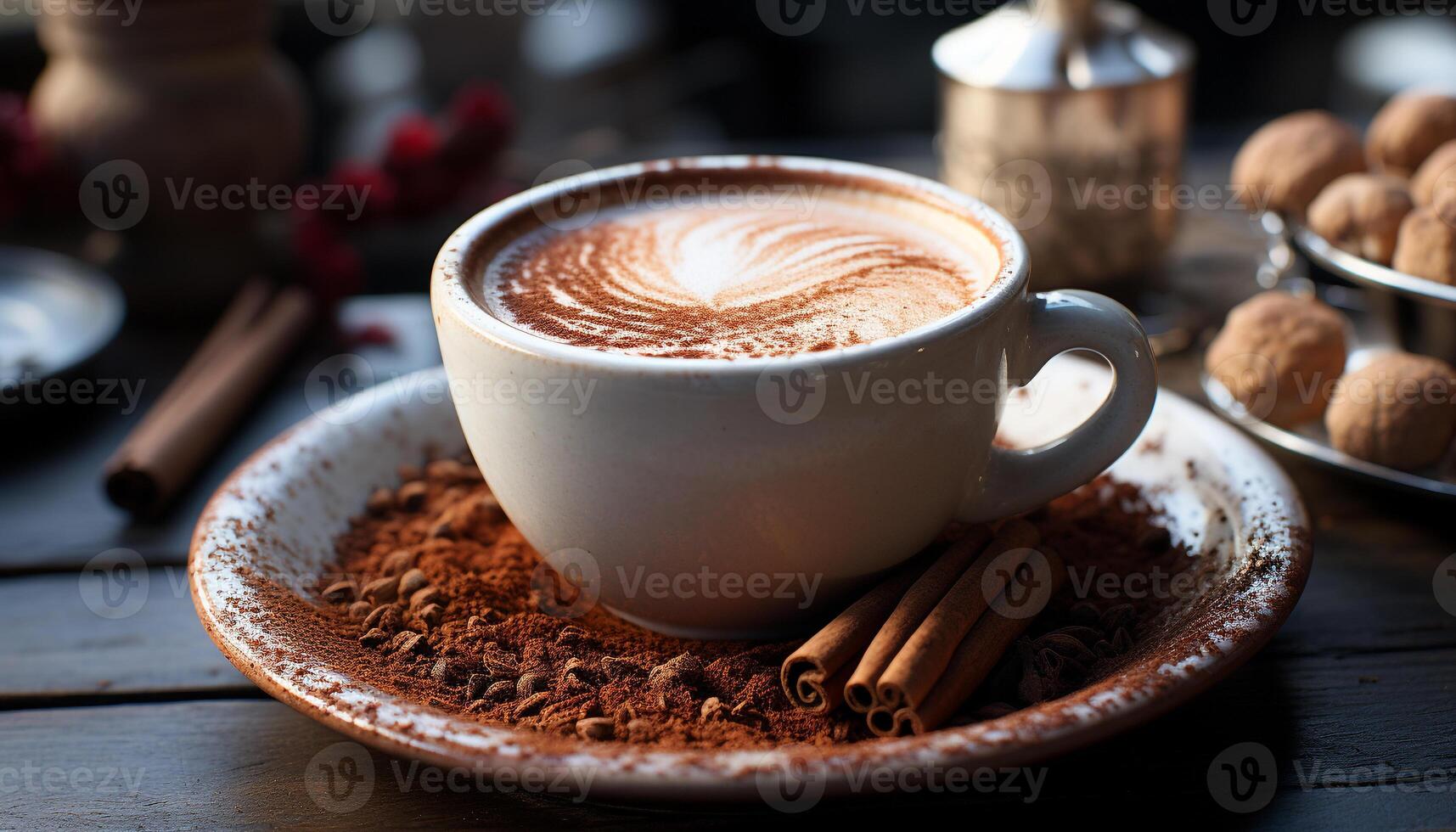 Aromatic coffee cup on wooden table, a refreshing morning delight generated by AI photo