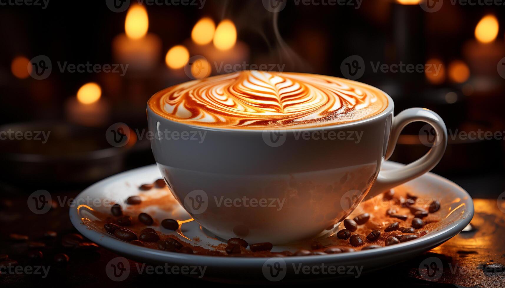 Aromatic coffee cup on wooden table, a frothy caffeine delight generated by AI photo