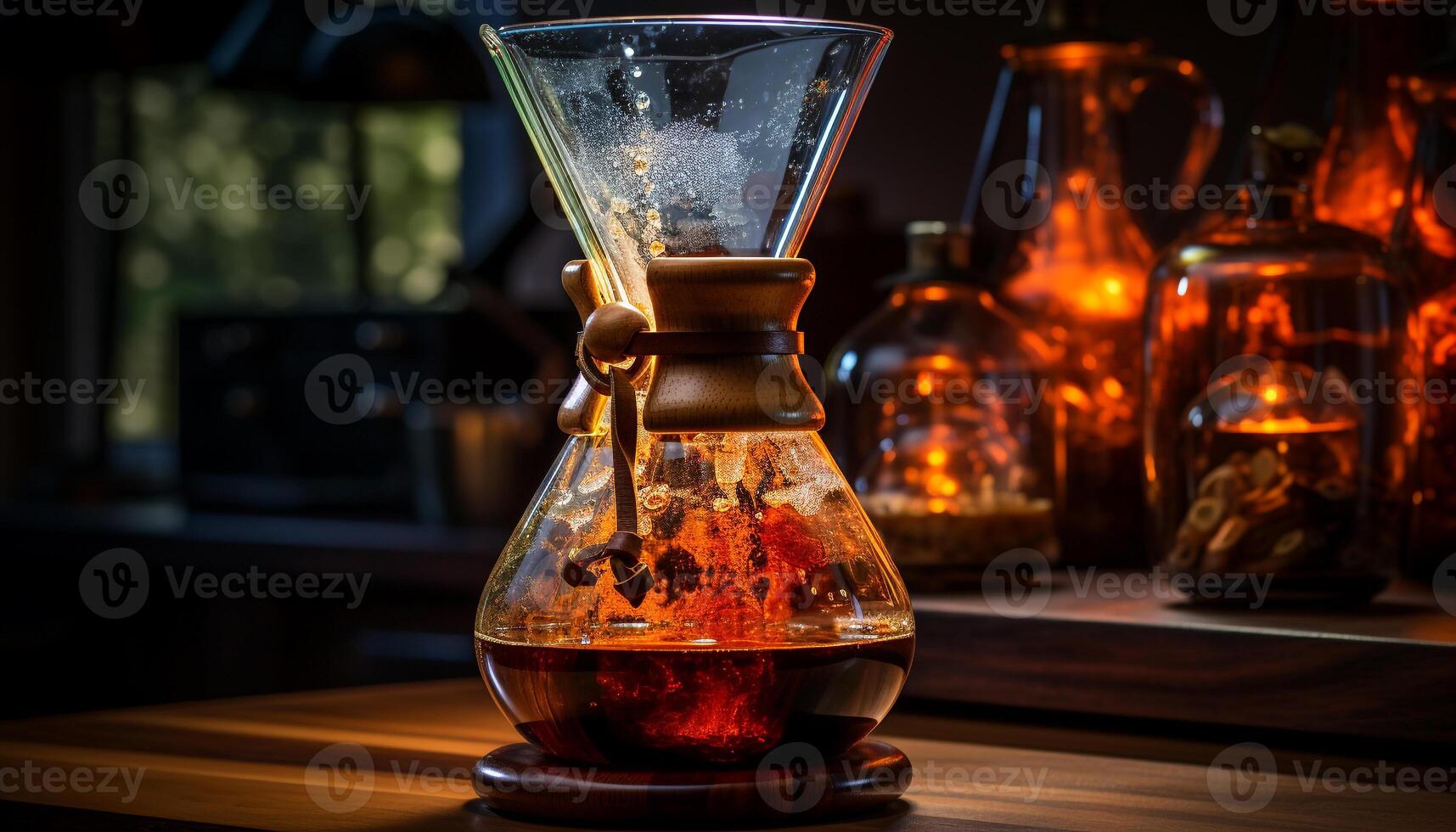 Refreshing cocktail poured into a glass on a wooden bar counter generated by AI photo