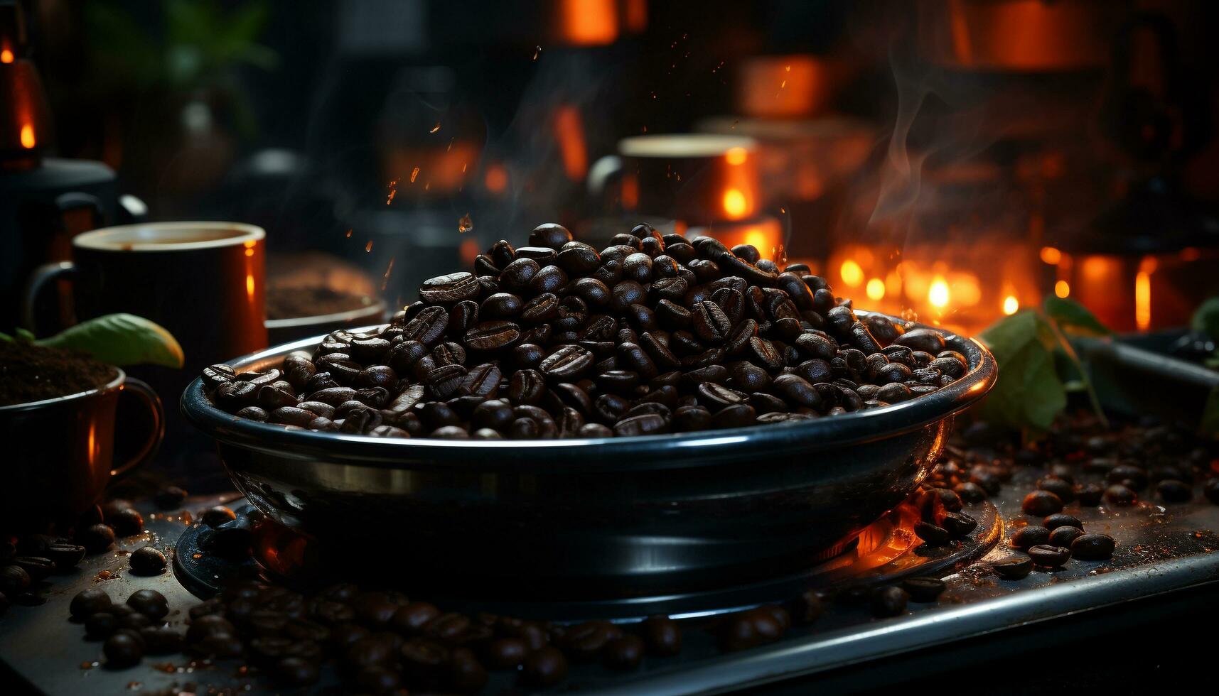 Dark heat, temperature drink coffee bean wood table caffeine leaf refreshment generated by AI photo