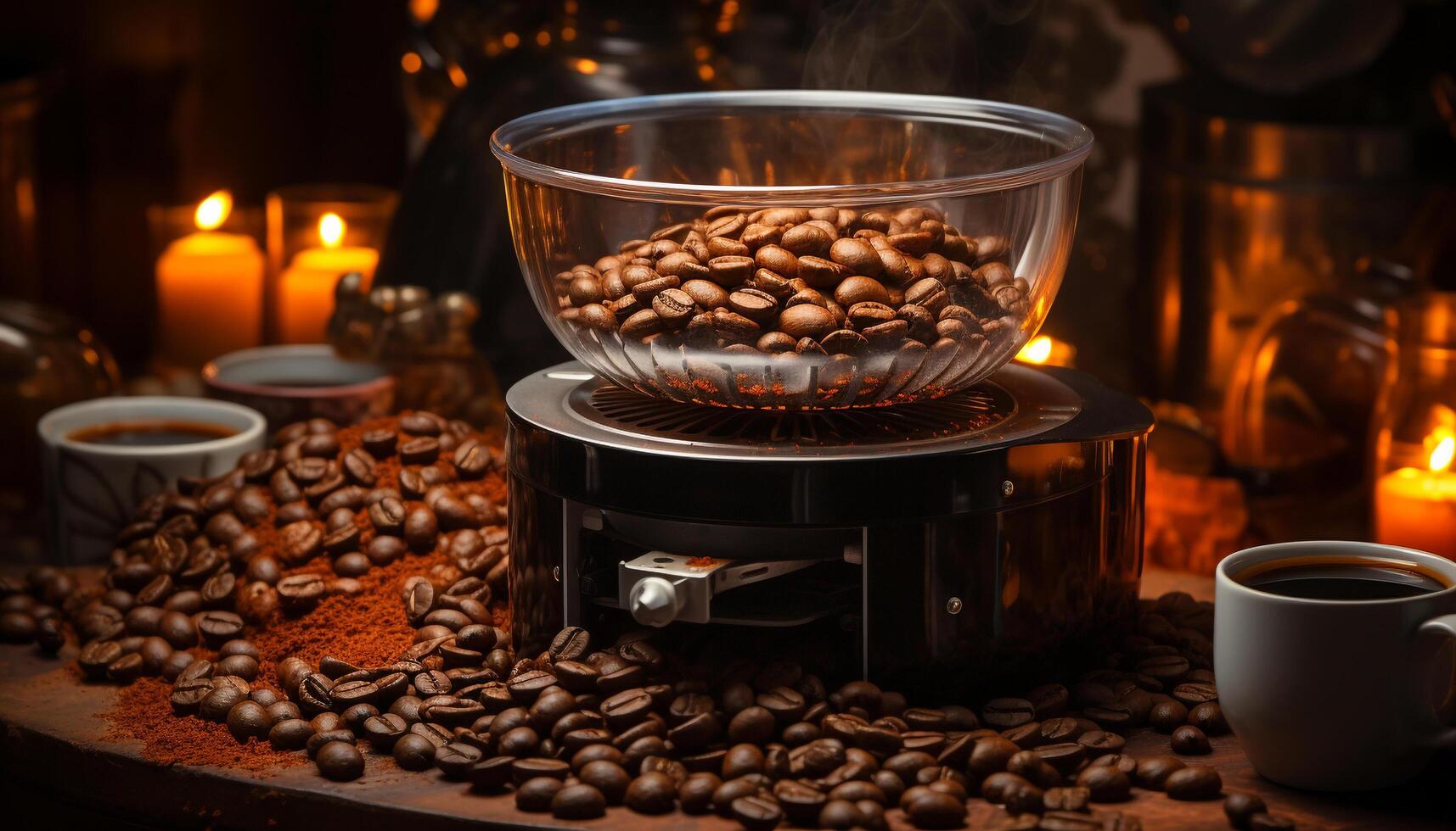 Freshly ground coffee beans release a rich aroma of caffeine generated by AI photo