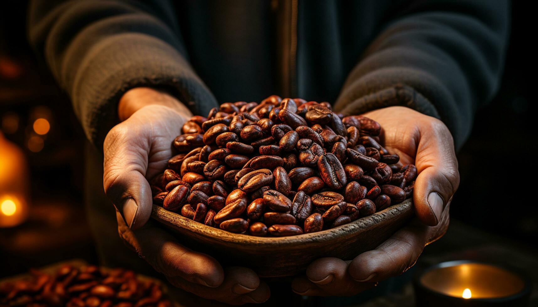 A man hand holding a fresh coffee cup in a coffee shop generated by AI photo