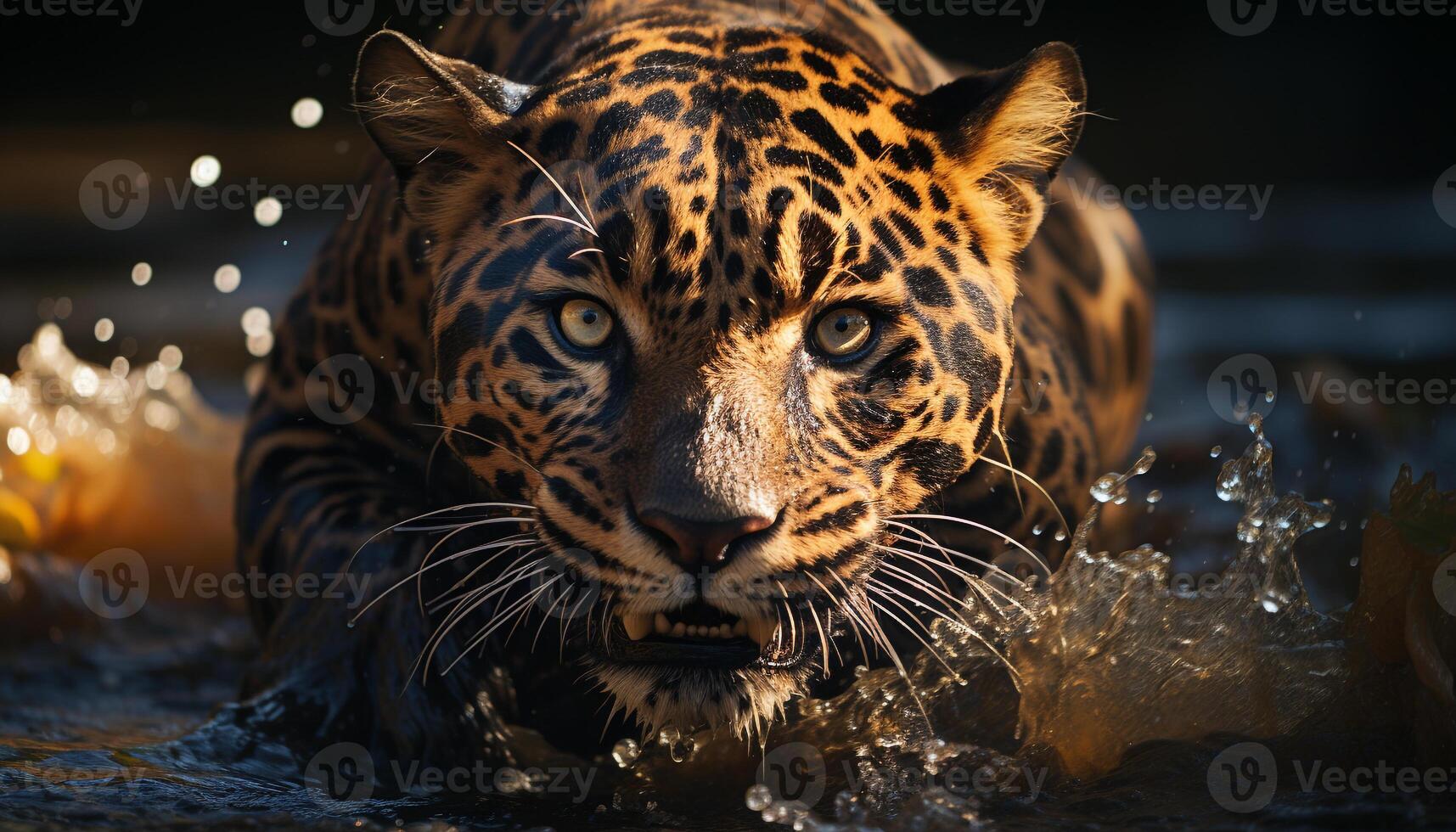 Majestic Bengal tiger staring, reflecting beauty in nature spotted wilderness generated by AI photo