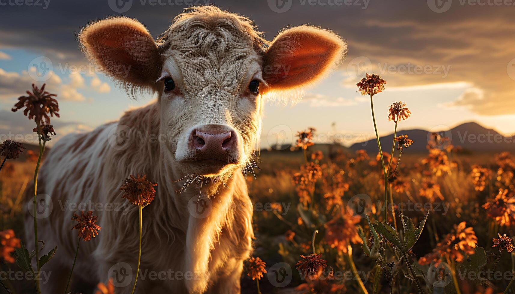 A cute cow grazes in the meadow under the sunset generated by AI photo