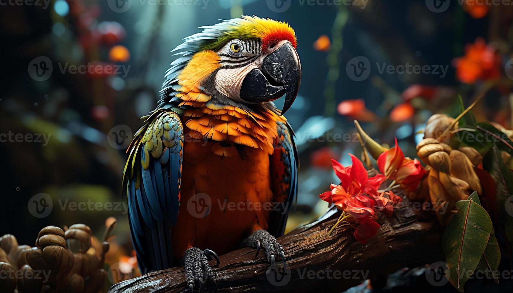 Vibrant macaw perching on a branch, showcasing nature colorful beauty generated by AI photo