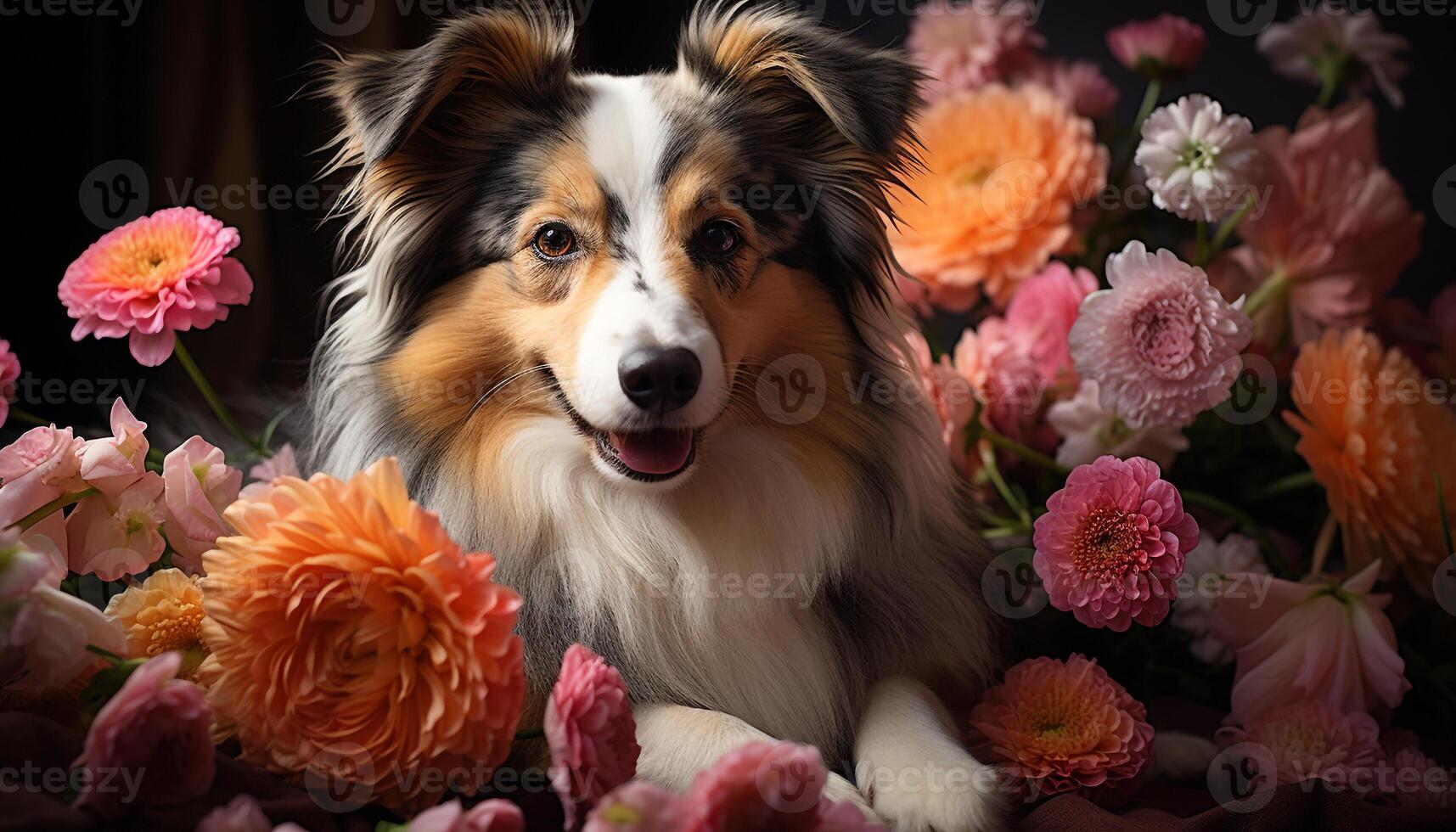 Cute puppy sitting, looking at camera, surrounded by beautiful flowers generated by AI photo