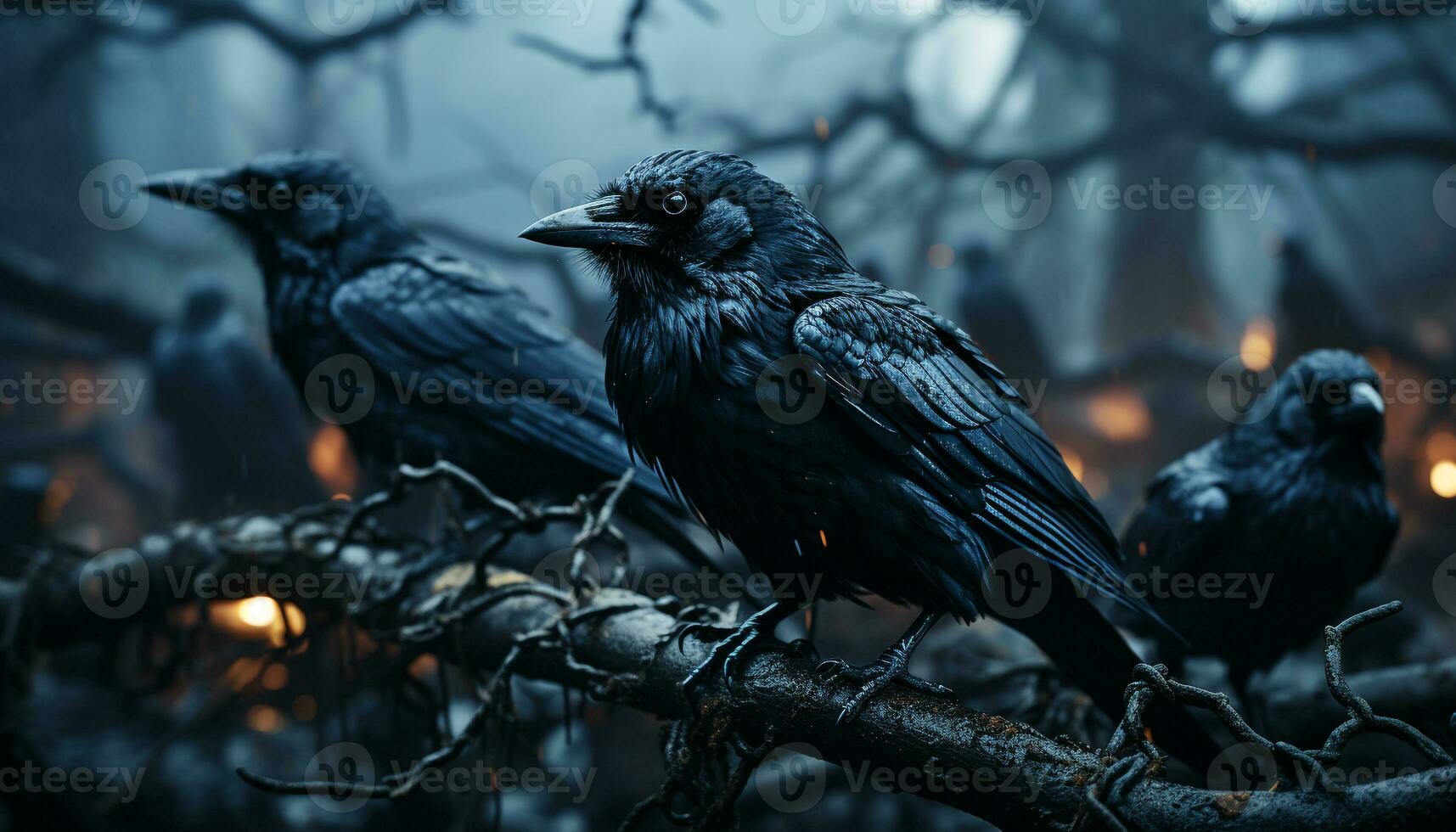 Spooky crow perching on a branch in a dark forest generated by AI photo