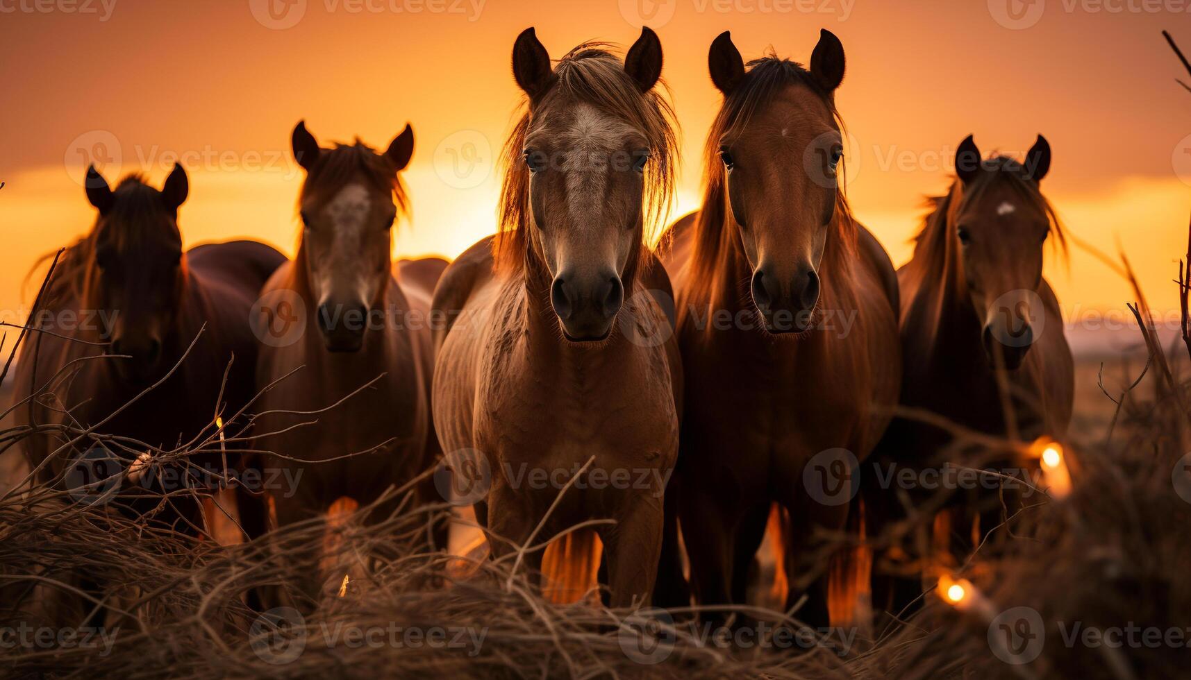 tranquilo escena caballo pasto en prado a atardecer, naturaleza belleza generado por ai foto