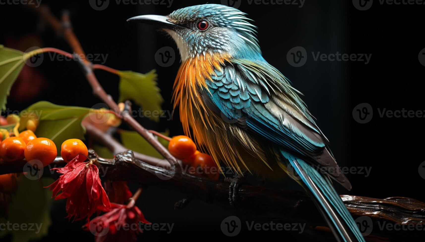 A vibrant hummingbird perching on a green branch in Africa generated by AI photo