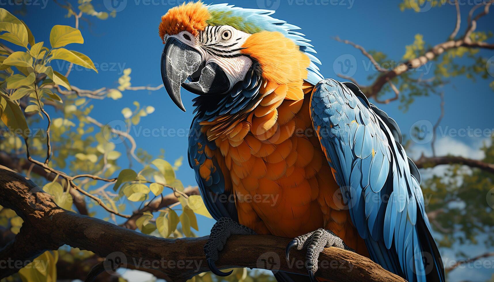 A vibrant macaw perching on a branch in the rainforest generated by AI photo