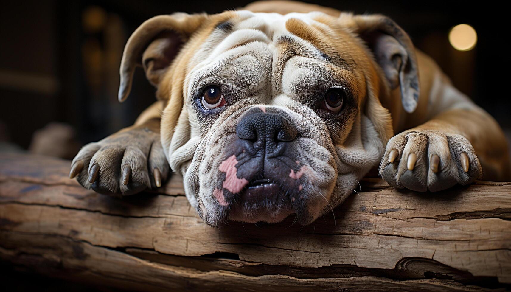 A cute bulldog puppy sitting indoors, looking at the camera generated by AI photo