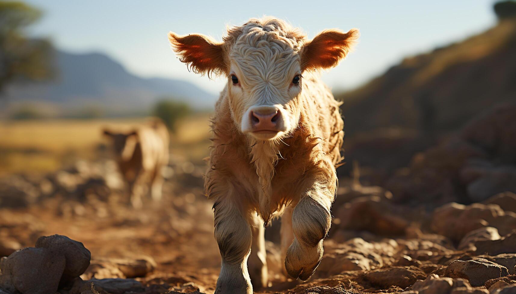 Cute cow grazing on a sunny meadow, a picturesque landscape generated by AI photo
