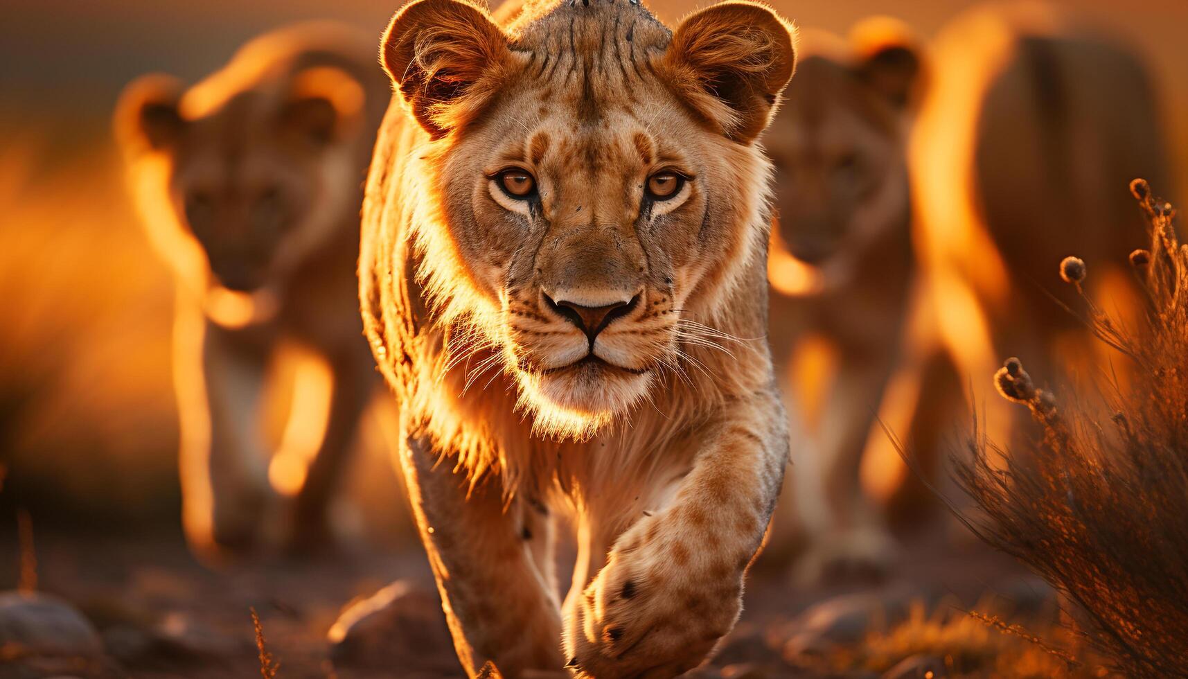 Majestic lioness walking in the wilderness, sunset beauty in nature generated by AI photo