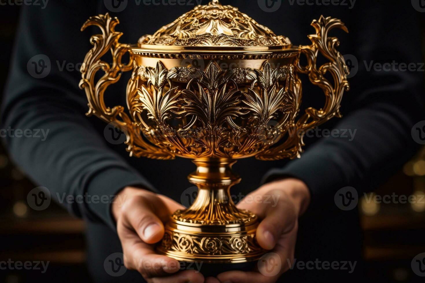 Closeup of a trophy in the hands of a man on a black background Generative AI photo