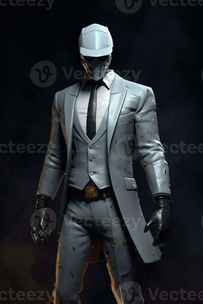 Cyborg man in a suit and helmet with mask on a black background. Generative AI photo