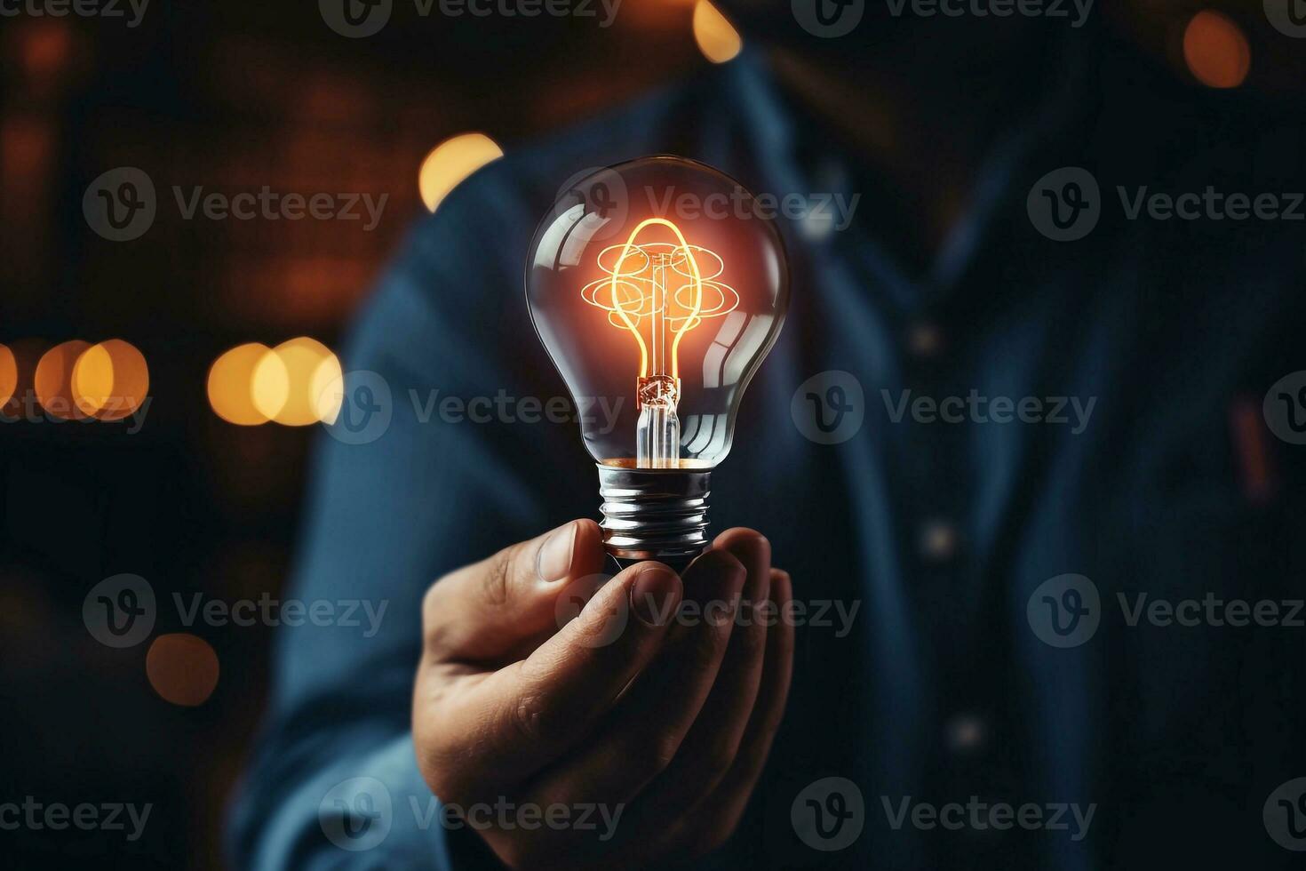 Close up of businessman holding glowing light bulb. Idea and innovation concept on blur background Generative AI photo
