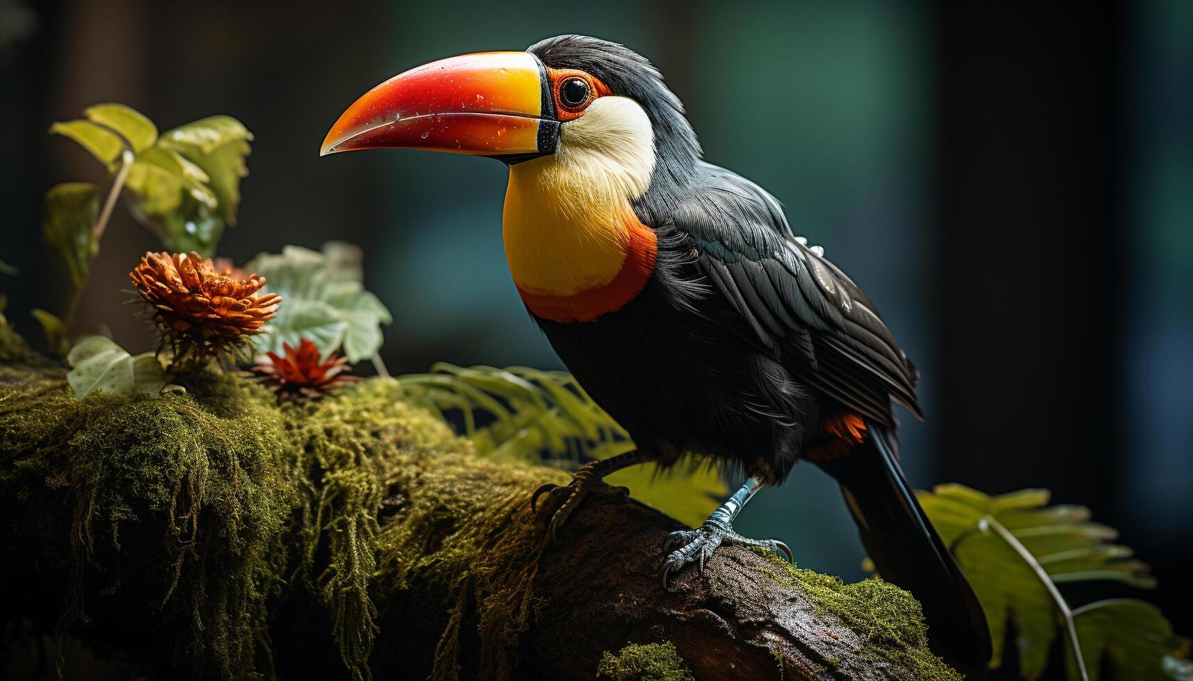 Toucan perching on branch, vibrant colors in tropical rainforest generated by AI photo