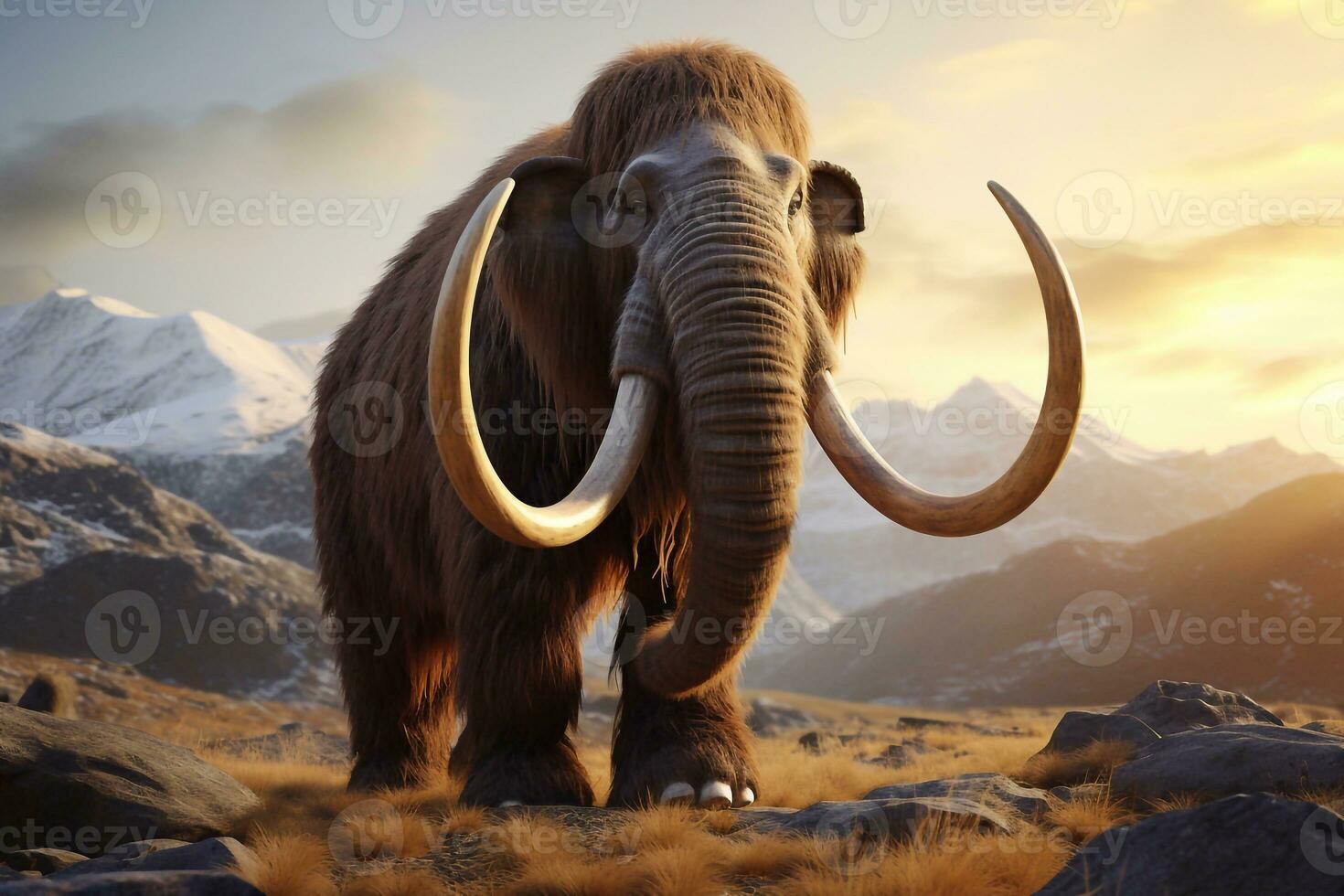 un Disparo de 3d hacer de un grande lanoso mamut en un montaña paisaje generativo ai foto