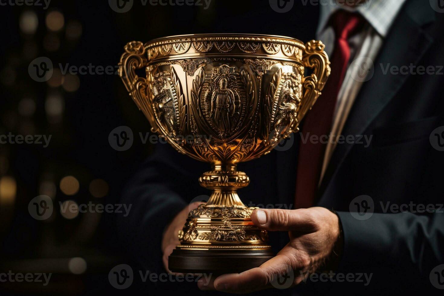 trofeo taza en el manos de un hombre en un oscuro habitación generativo ai foto