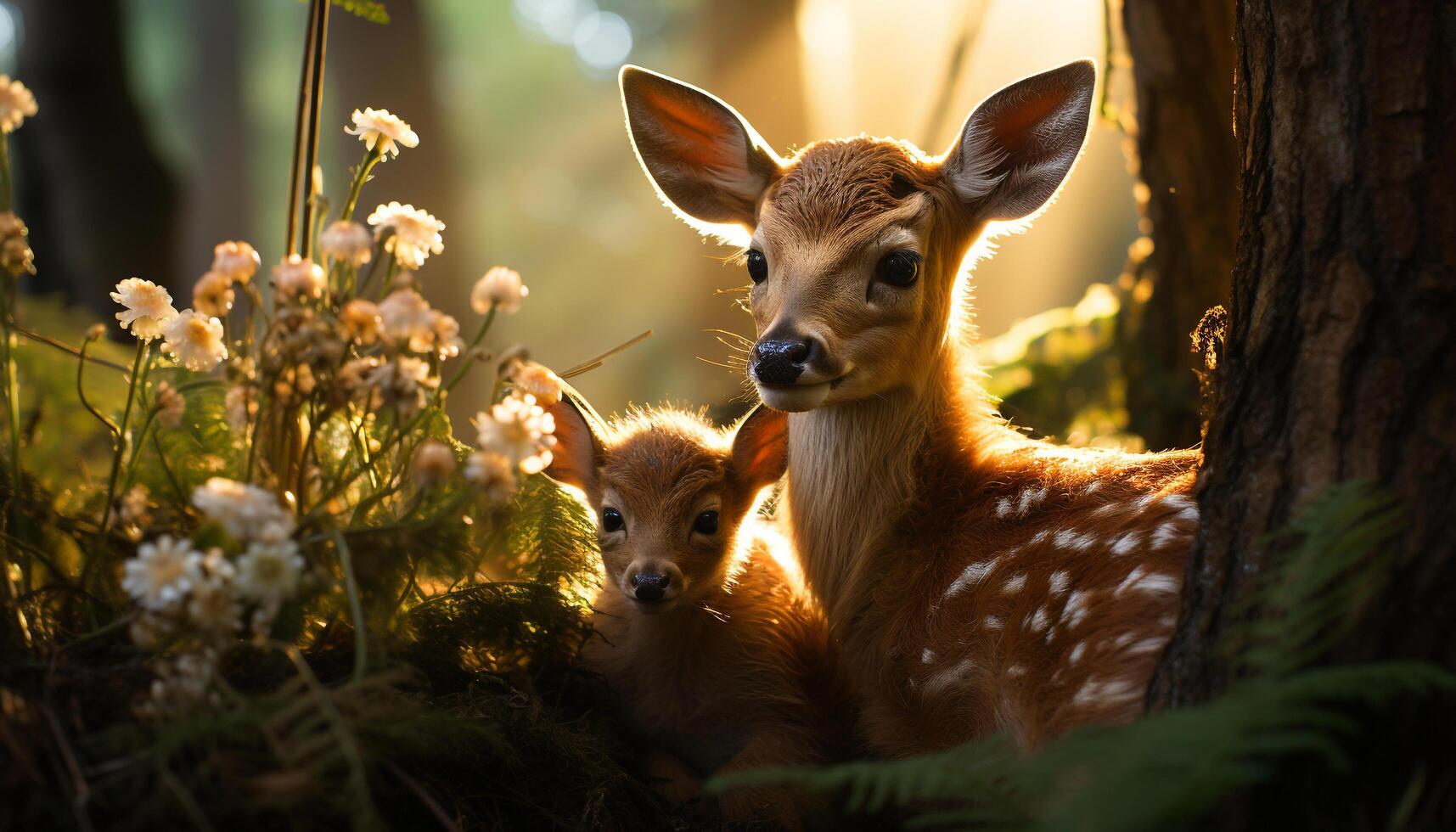 Cute deer family grazing in meadow, enjoying the summer sunset generated by AI photo