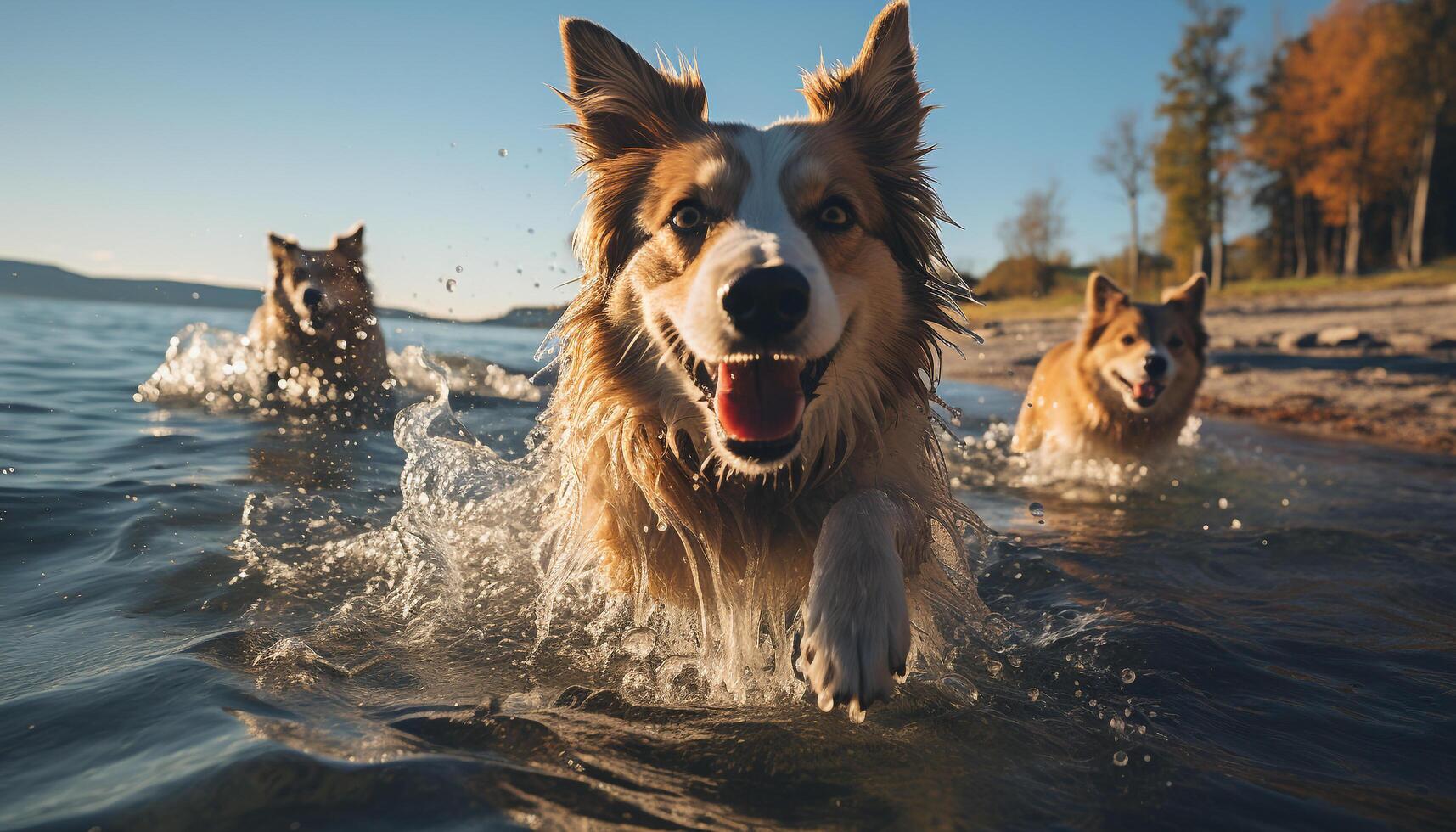 A playful puppy and a wet dog enjoy summer together generated by AI photo