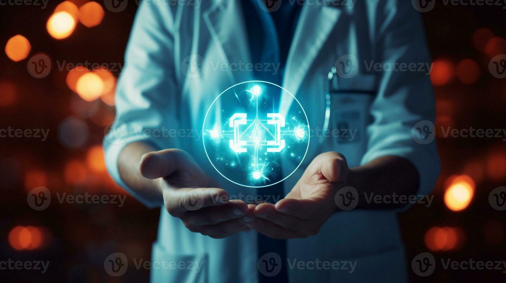 digital healthcare doctor and ui icon in his hand, open hand of doctor generative ai photo