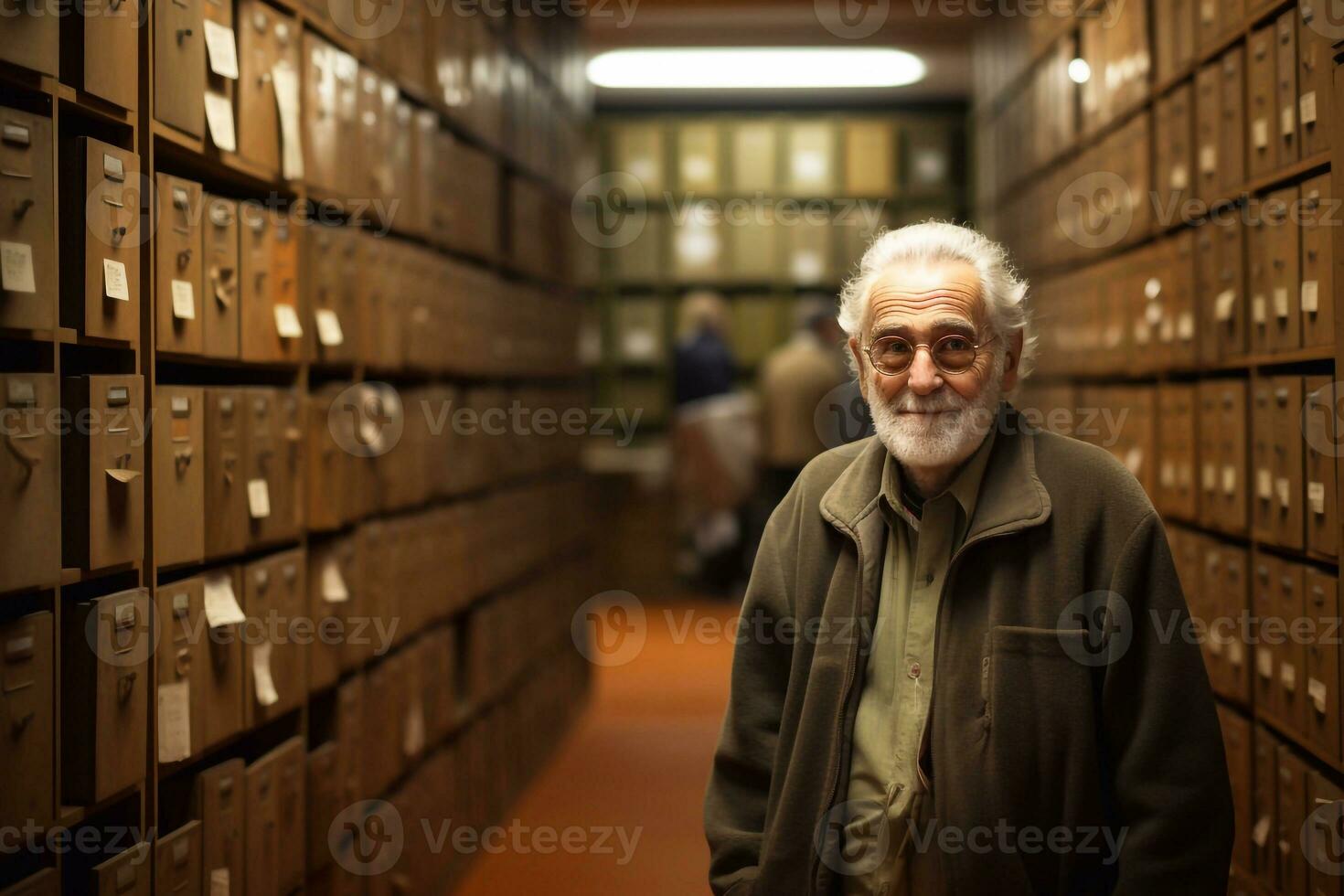 A image of Portrait of senior man standing in archive at university. Focus on his face Generative AI photo