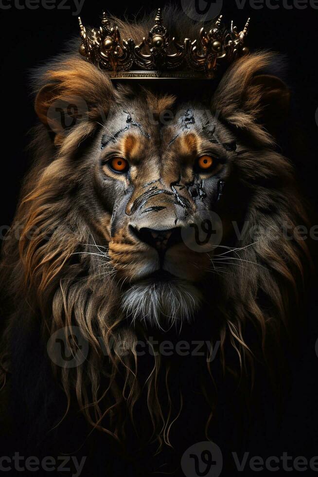 Lion king with golden crown on black background Fantasy illustration. Generative AI photo