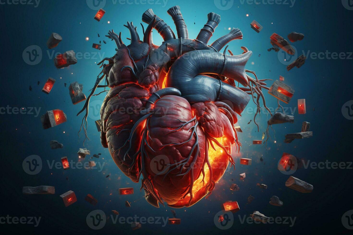 A photo of Human heart with blood vessels on blue background. 3d illustration. Generative AI