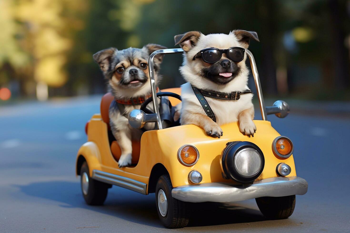 Two cute chihuahua dogs driving a toy car on the road Generative AI photo